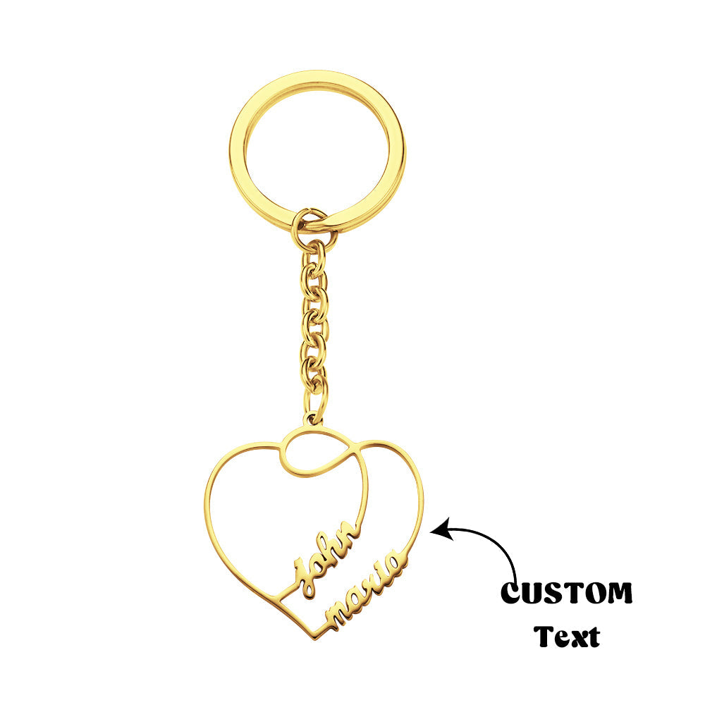 Close-up of personalised double heart keyring showing custom engraved names – durable stainless steel couples keepsake