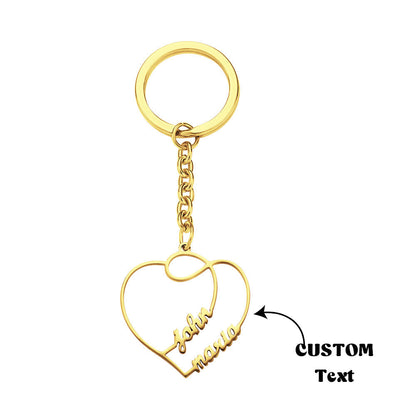 Close-up of personalised double heart keyring showing custom engraved names – durable stainless steel couples keepsake