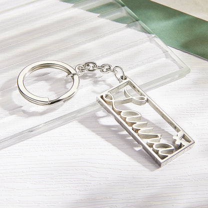 Personalised Name Rectangle Border Keychain displayed with keys to show scale — custom stainless steel key holder, long-lasting everyday keepsake