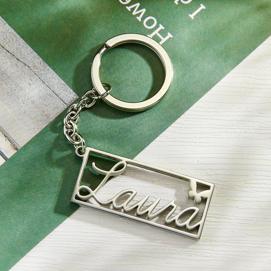 Personalised Name Rectangle Border Keychain in stainless steel — engraved rectangular plaque with neat border and secure split ring, custom key holder