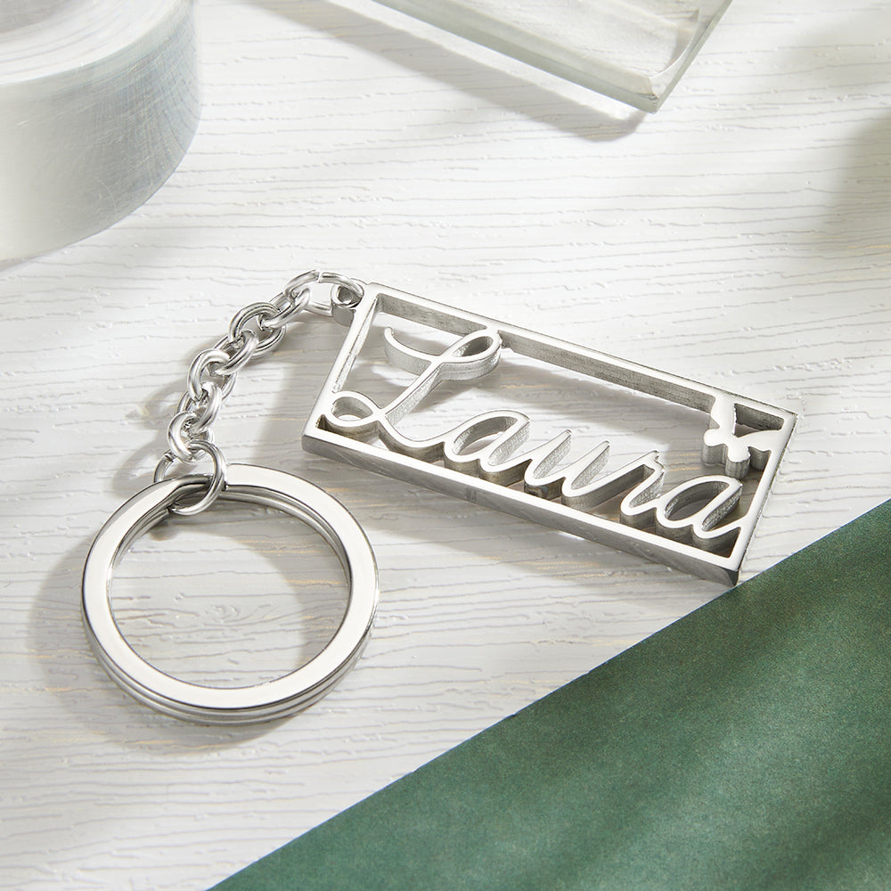 Personalised engraved stainless steel keychain on split ring — custom name key holder, thoughtful gift for teachers, teens or partners
