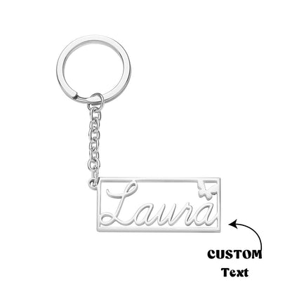 Close-up of engraved personalised rectangle keychain — durable rust-resistant stainless steel custom name key holder