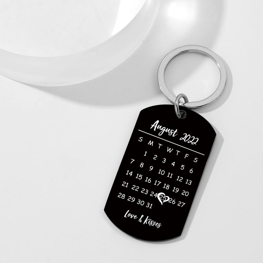 Personalised photo stainless steel keyring attached to keys and bag — compact engraved calendar tag for Dad, mum or couples