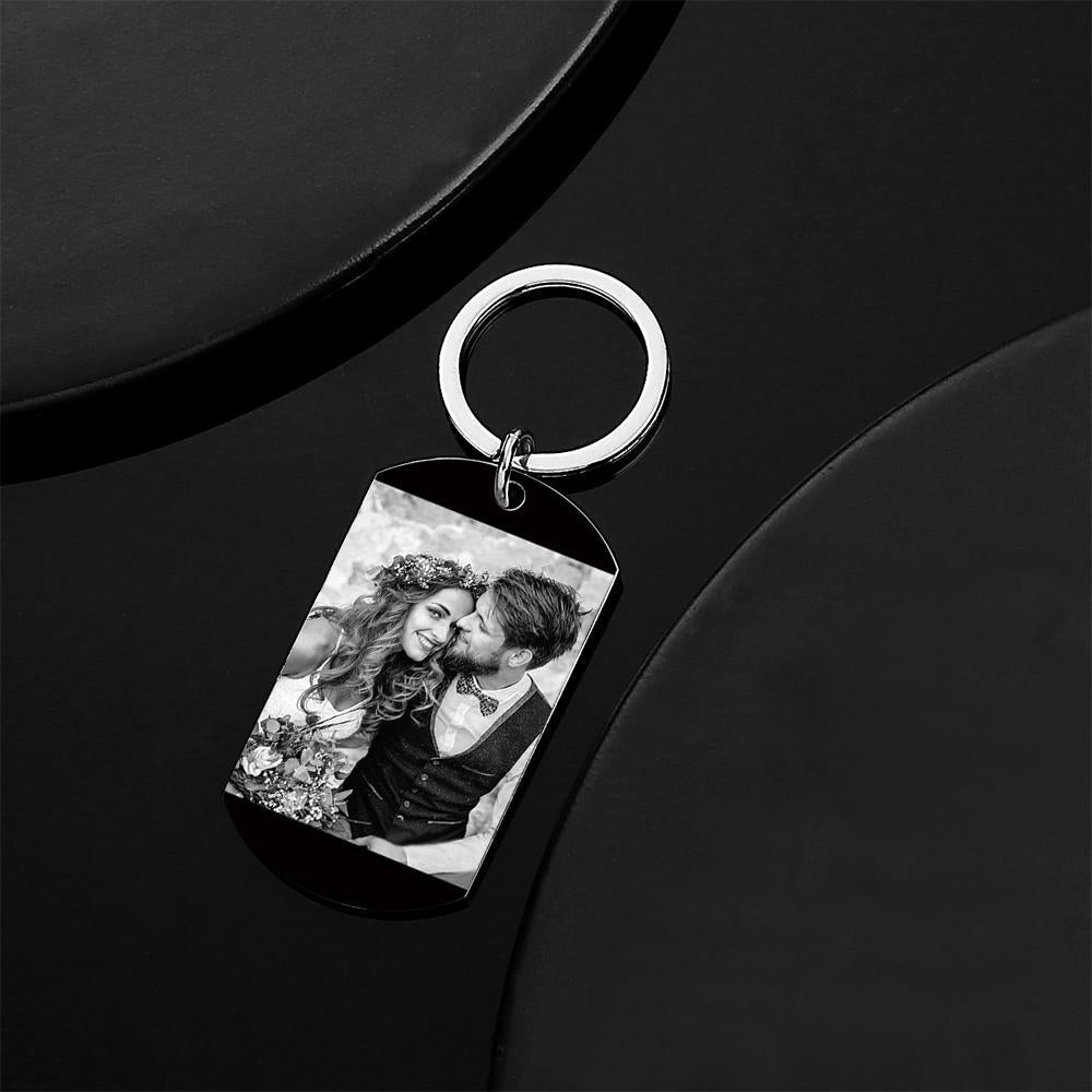 Detail of sturdy split ring and engraved custom stainless steel tag — durable, rust-resistant personalised calendar keychain