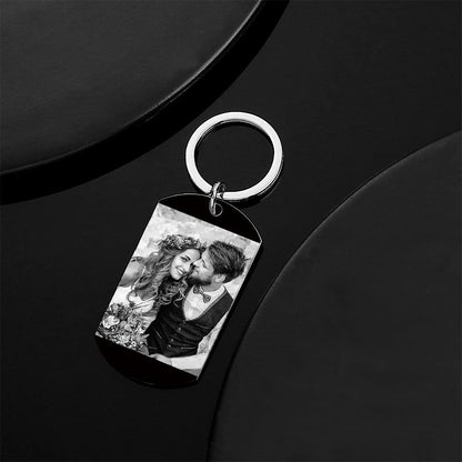 Detail of sturdy split ring and engraved custom stainless steel tag — durable, rust-resistant personalised calendar keychain