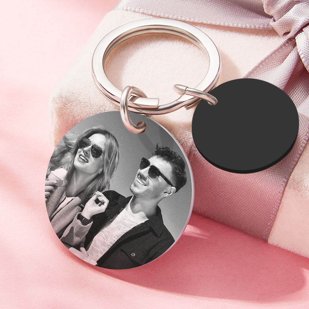 Two personalised date keyrings (3cm and 1.8cm) side‑by‑side showing engraved calendar design — bespoke custom date keyring and personalised keychain for couples or groomsmen