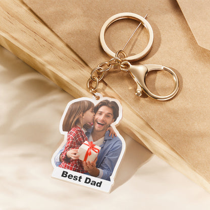 Personalised photo acrylic keyring – clear acrylic pendant with vibrant colourful full‑colour print and custom text (name or date), ideal custom photo keychain gift