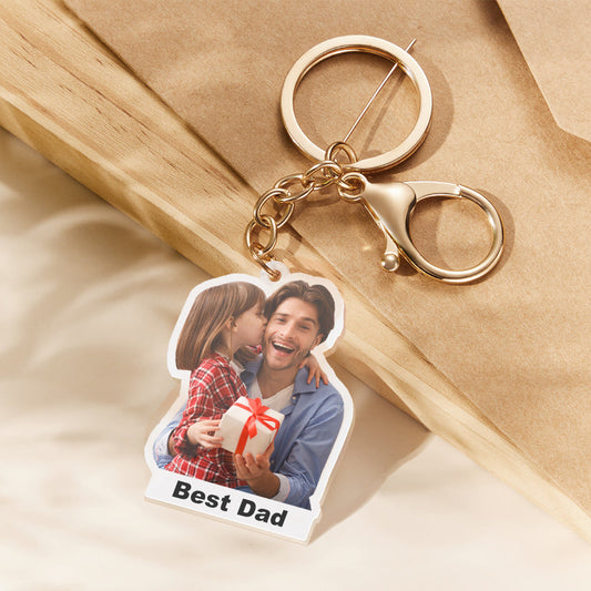 Personalised photo acrylic keyring – clear acrylic pendant with vibrant colourful full‑colour print and custom text (name or date), ideal custom photo keychain gift