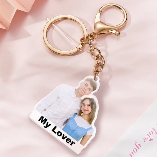 Personalised photo acrylic keyring – clear acrylic pendant with vibrant colourful full‑colour print and custom text (name or date), ideal custom photo keychain gift