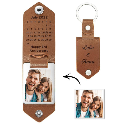 Personalised calendar date keyring with PU leather strap and printed metal plate showing engraved date and photo — custom date keyring for couples