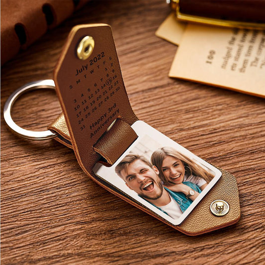 Personalised calendar date keyring with PU leather strap and printed metal plate showing engraved date and photo — custom date keyring for couples