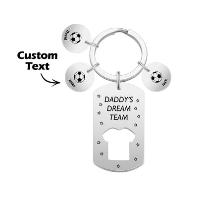 Group shot of personalised engraved football keyrings with different children's names – thoughtful Father's Day present