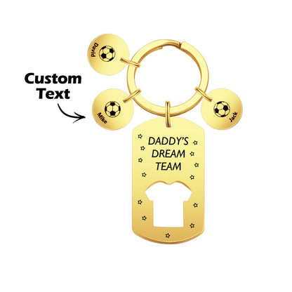 Close-up of name bar on personalised football keyring with crisp metal stamping – customisable with children's names