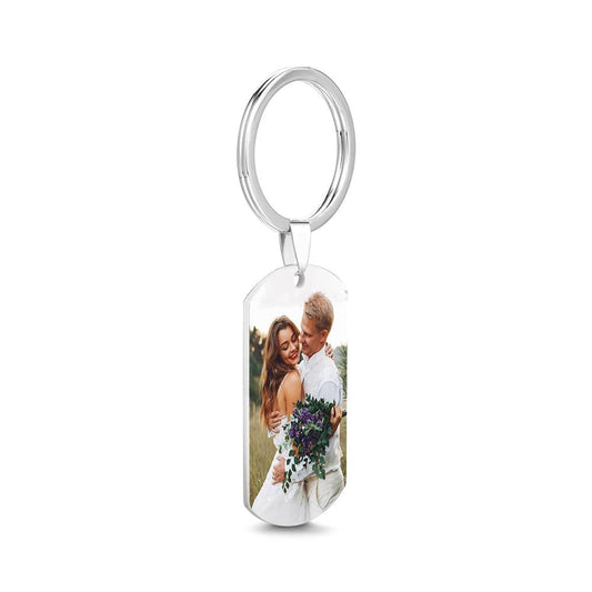 Personalised stainless steel Spotify keyring with photo and scannable Spotify music code — custom photo keychain gift