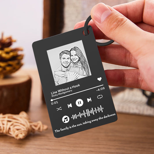 Personalised scannable music code keychain — stainless steel engraved music plaque with photo, song details and unique scannable code on a keyring, ideal anniversary or Father’s Day gift