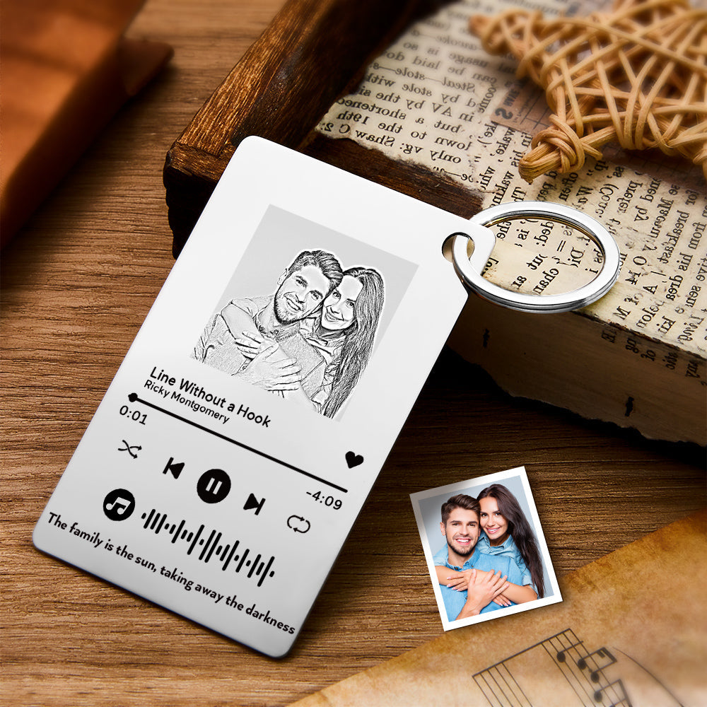 Engraved stainless steel music keyring with personalised photo, artist and song title — custom music plaque featuring a scannable code for streaming