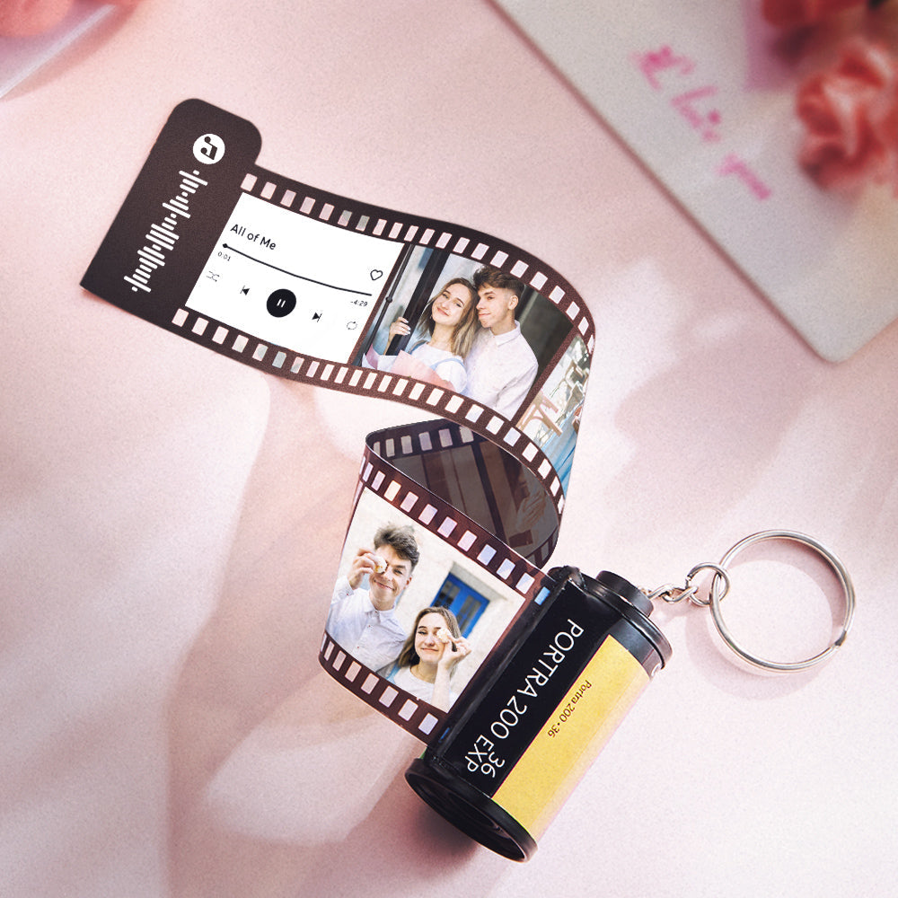 Personalised camera roll keychain with scannable music code and custom photo film reel — perfect personalised gift for Dad