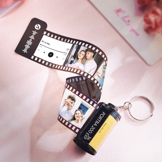 Personalised camera roll keychain with scannable music code and custom photo film reel — perfect personalised gift for Dad