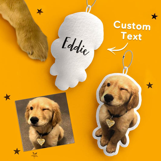 Personalised pet pillow keyring showing a custom pet photo and name printed on a plush 10cm spun polyester cushion with metal split ring — perfect photo keychain for pet lovers