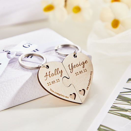 Close-up of custom engraved heart wooden keyring showing detailed engraving and natural wood grain — personalised engraved keyring keepsake
