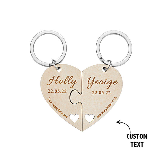 Close-up of custom engraved heart wooden keyring showing detailed engraving and natural wood grain — personalised engraved keyring keepsake