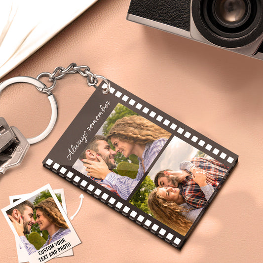 Personalised film strip photo acrylic keyring with two photos and custom text on clear acrylic, UV-printed and attached to a sturdy metal keyring