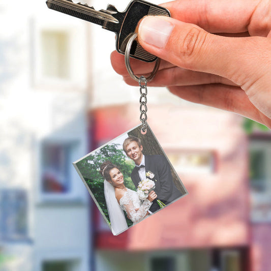 Two-sided personalised acrylic keyrings displayed together highlighting photo side and custom mini calendar — ideal graduation, memorial or teacher gift