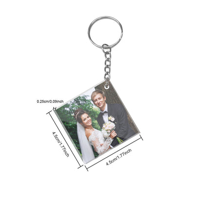 Compact 1.8×1.8in acrylic photo keychain on a metal split ring — personalised calendar keyring for weddings and birthdays