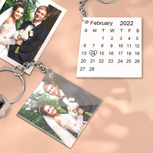 Two-sided personalised acrylic keyrings displayed together highlighting photo side and custom mini calendar — ideal graduation, memorial or teacher gift