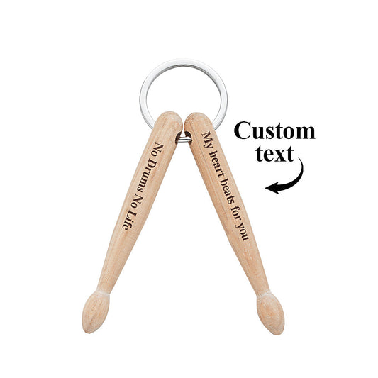 Personalised engraved wooden drumstick keyring with custom photo and text — solid wood charm on ornate metal ring, ideal gift for drummers