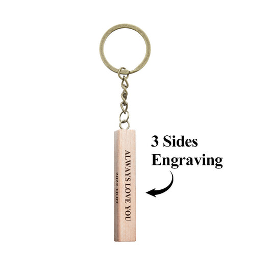 Personalised 3-sided engraved wooden keyring with custom photo and name — laser-engraved anniversary gift keepsake