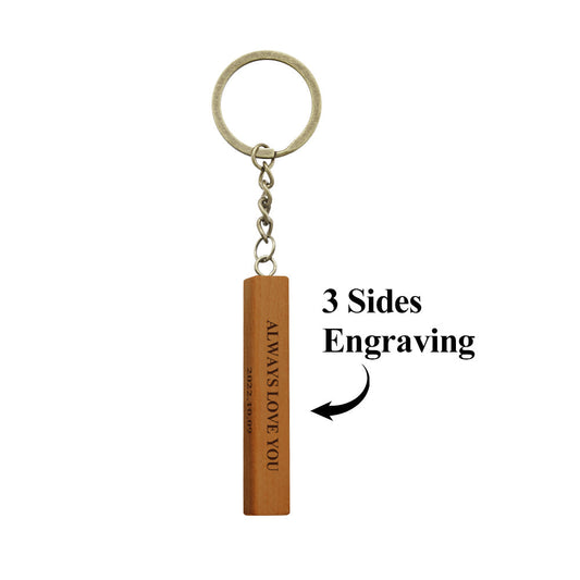 Personalised 3-sided engraved wooden keyring with custom photo and name — laser-engraved anniversary gift keepsake