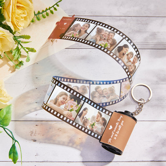 Custom Text Romantic Film Roll Keychain with red heart – personalised multi-photo camera-film keyring showing inserted photos, compact plastic anniversary or Valentine's Day keepsake