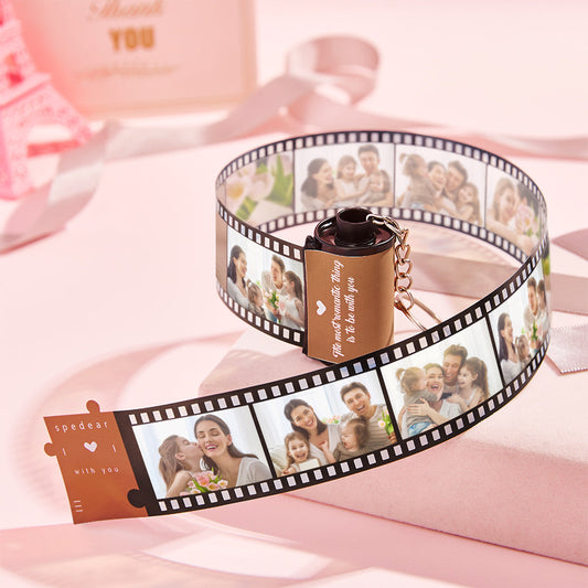 Custom Text Romantic Film Roll Keychain with red heart – personalised multi-photo camera-film keyring showing inserted photos, compact plastic anniversary or Valentine's Day keepsake