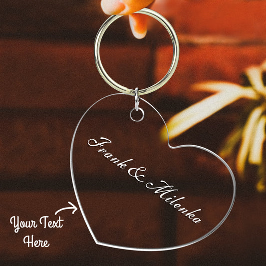 Selection of personalised acrylic engraved keychains displaying different fonts, finishes and custom text options for a bespoke photo gift