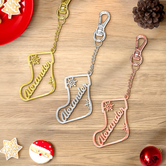 Copper personalised sock keyring attached to keys and a bag – ideal personalised name charm for teachers and colleagues