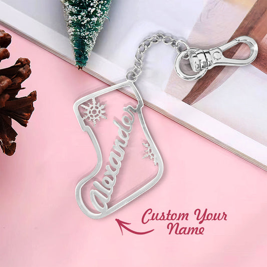 Copper personalised sock keyring attached to keys and a bag – ideal personalised name charm for teachers and colleagues