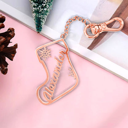 Copper personalised sock keyring attached to keys and a bag – ideal personalised name charm for teachers and colleagues