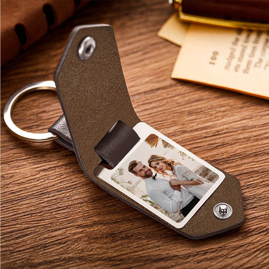 Personalised leather photo key ring with PU leather strap and shiny metal buckle, custom photo keychain ideal as a personalised gift