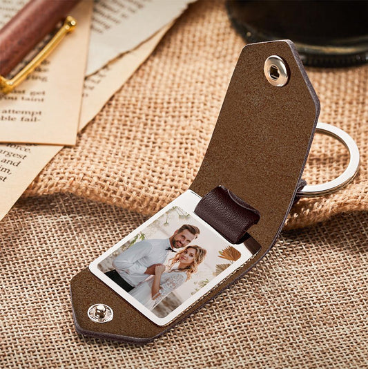 Personalised leather photo key ring with PU leather strap and shiny metal buckle, custom photo keychain ideal as a personalised gift