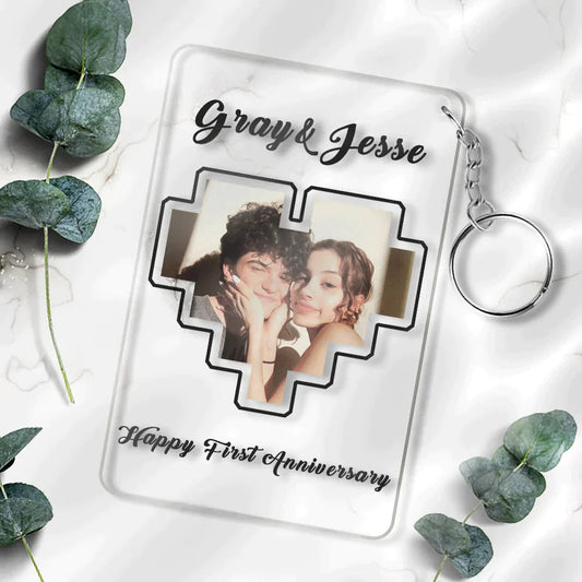 Personalised heart photo plaque with matching acrylic keyring on white background — custom anniversary gift, durable clear acrylic keepsake