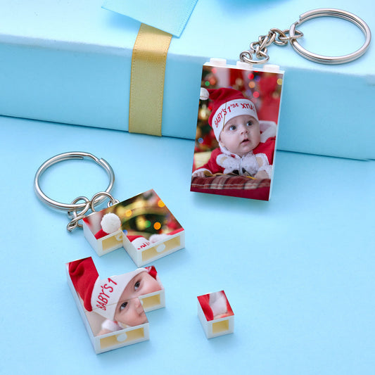 Personalised photo building block vertical keychain with baby portrait – custom bricks puzzle keyring