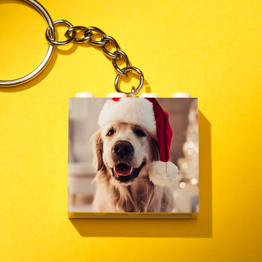 Personalised Photo Building Block Keyring mounted on wall as interactive puzzle-style photo display with colourful UV print
