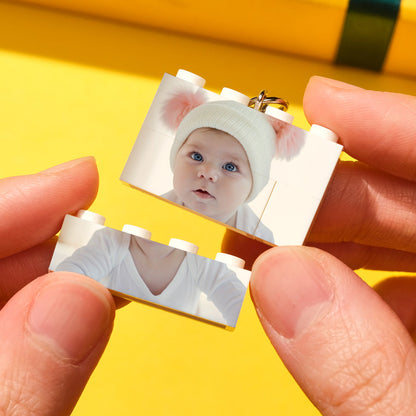 Square personalised photo building block keyring on keyring showing puzzle-style interlocking bricks, approx 4.8×5 cm