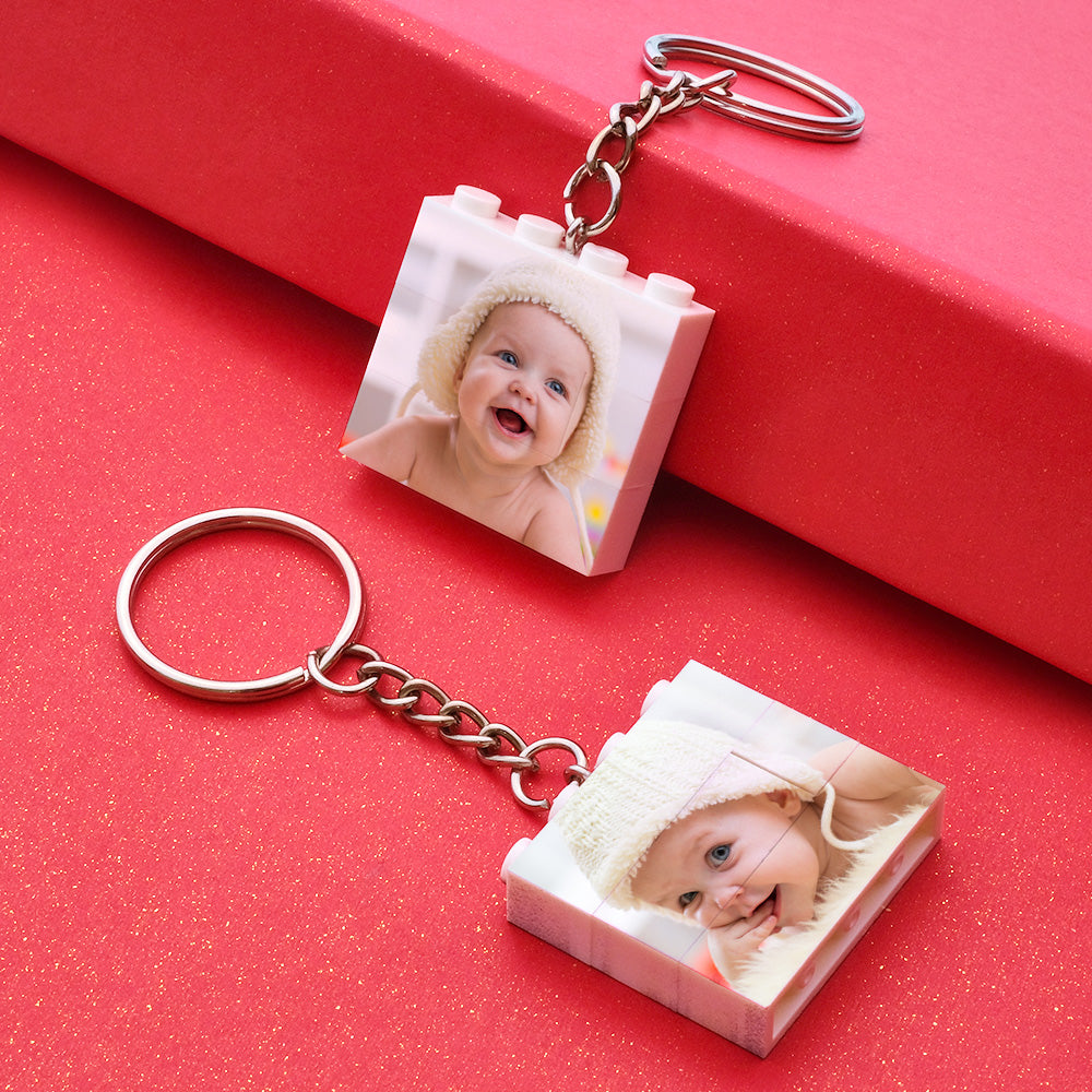 Personalised photo square puzzle keychain displaying baby photo with durable wipeable finish and keyring attachment