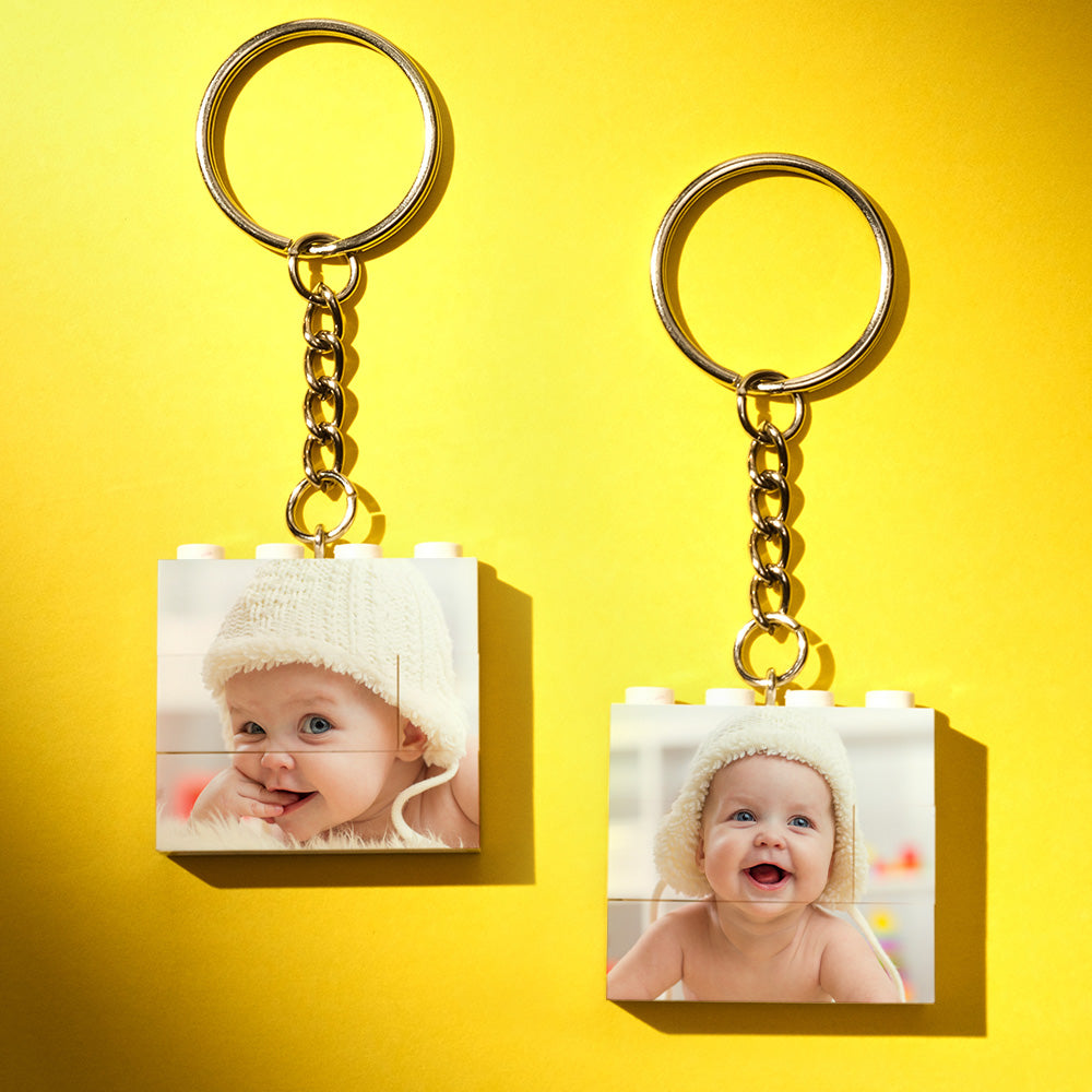 Square puzzle keychain personalised with baby photo shown dismantled and reassembled – freestanding or wall-mounted display
