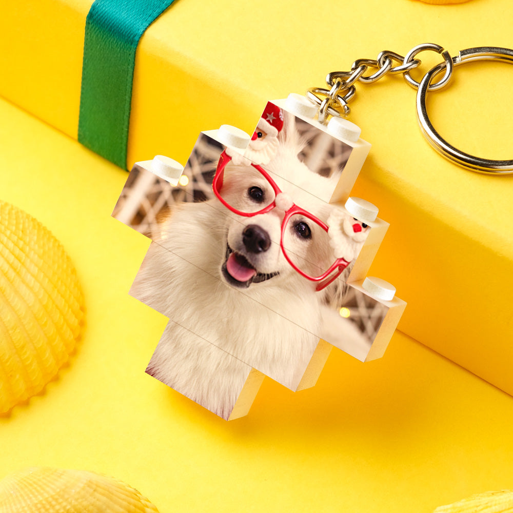 Side view of diamond-shaped personalised photo keychain showing interlocking brick design – freestanding or wall-mounted keepsake