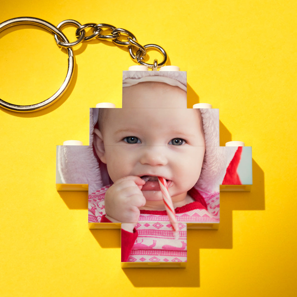 Personalised diamond photo building-brick displayed assembled – compact keychain keepsake with long-lasting digital UV print