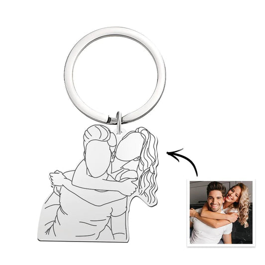 Personalised stainless steel 3D line art keychain displayed as a gift — custom engraved memorial, anniversary or keepsake