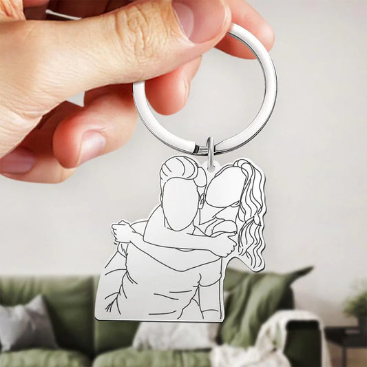 Personalised stainless steel 3D line art keychain displayed as a gift — custom engraved memorial, anniversary or keepsake